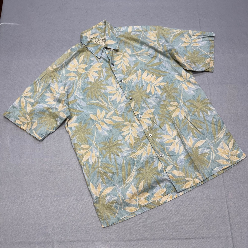 VTG Tori Richard Men Medium Blue Green Cotton‎ Lawn Tropical Hawaiian SS Shirt